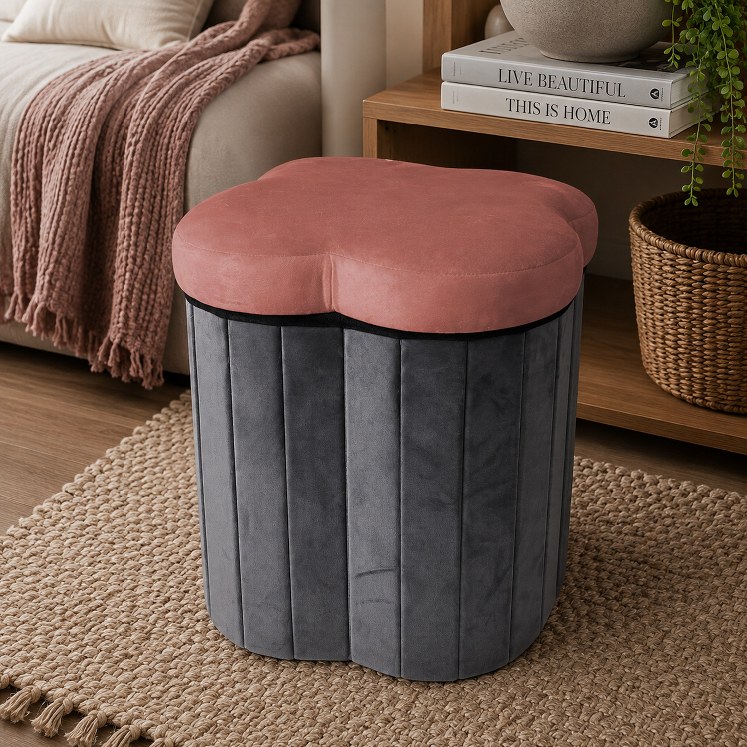 Pouf pieghevole velluto fiore terracotta 40 cm